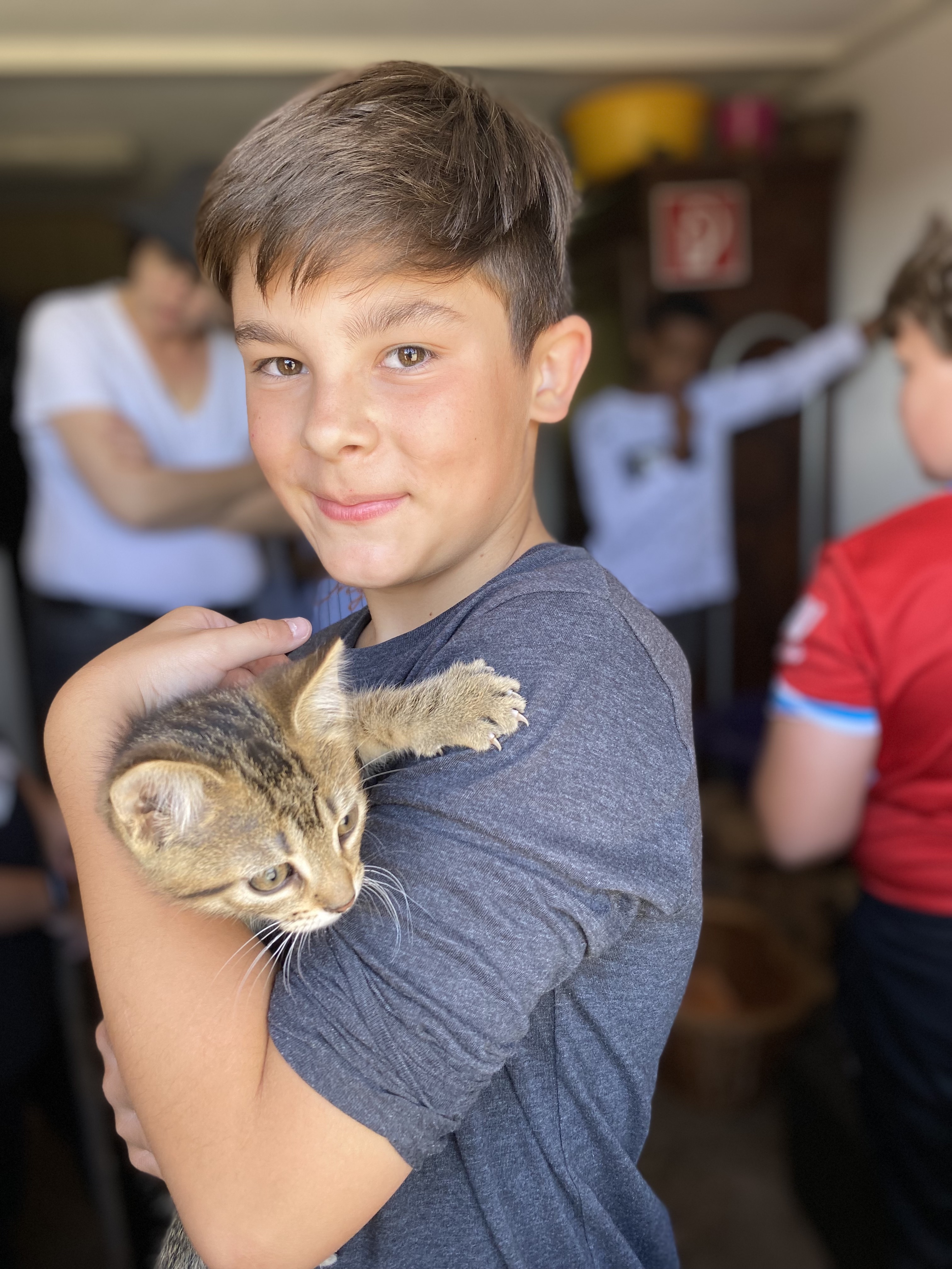  Schüler mit Katze auf dem Arm 